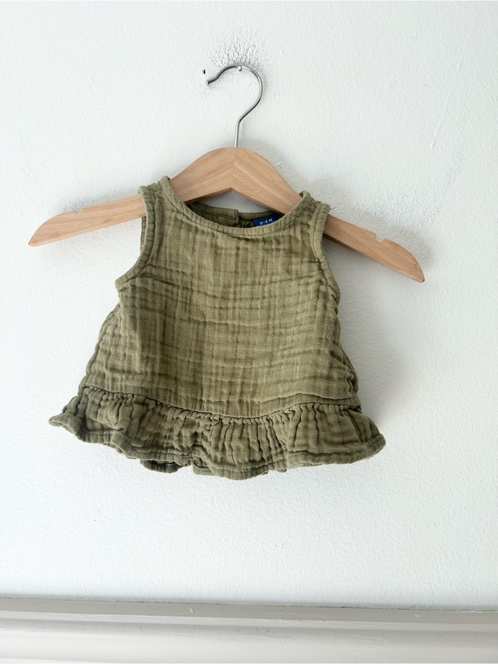 Old Navy 0-3 Months Olive Ruffle Hem Cotton Tank Top Button Back